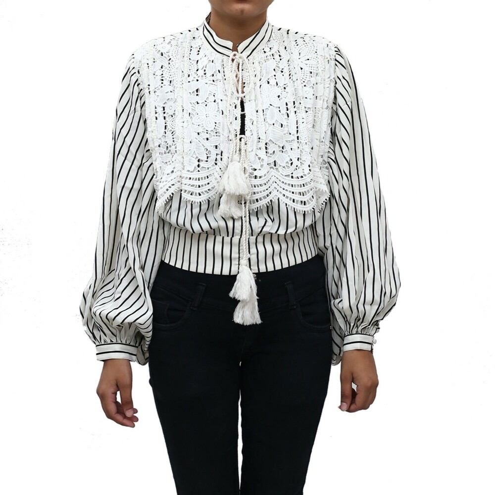 Uterque Striped Printed Floral Crochet Lace Blouse Top Buttondown XS NEW 203183